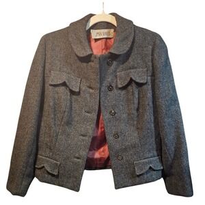 Classic Tweed Herringbone Wool Blend‎ Blazer Women M Gray Career  #357
